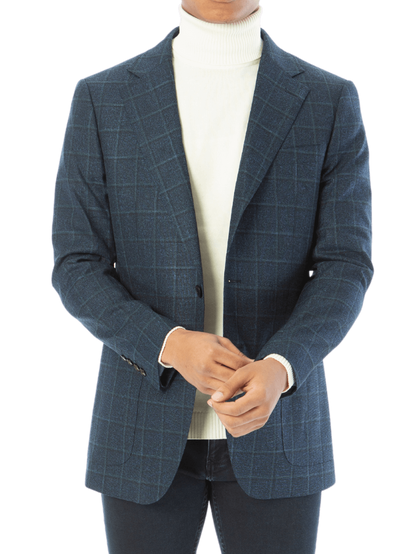 Sartoria Mazara Mens Slim Fit Blue With Green Check Two Button Stretch Blazer Sportcoat