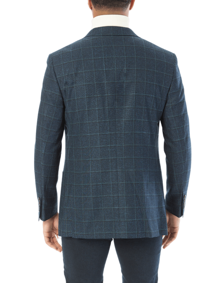 Sartoria Mazara Mens Slim Fit Blue With Green Check Two Button Stretch Blazer Sportcoat
