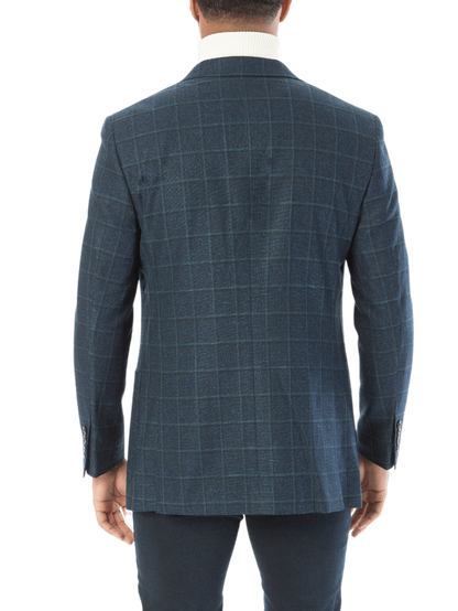 Sartoria Mazara Mens Slim Fit Blue With Green Check Two Button Stretch Blazer Sportcoat
