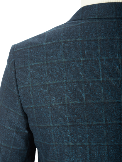 Sartoria Mazara Mens Slim Fit Blue With Green Check Two Button Stretch Blazer Sportcoat