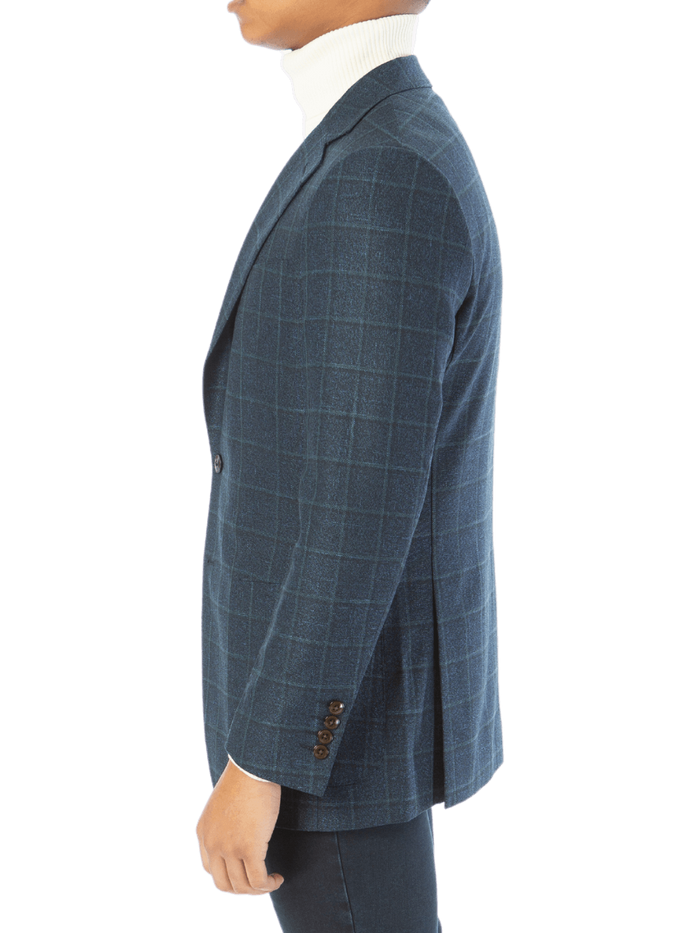 Sartoria Mazara Mens Slim Fit Blue With Green Check Two Button Stretch Blazer Sportcoat