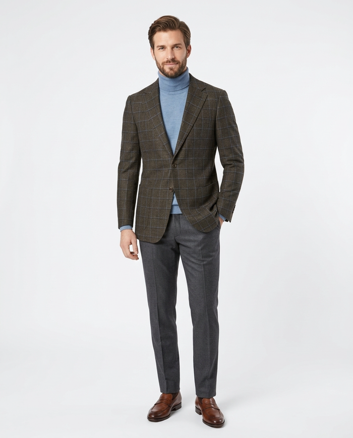 Sartoria Mazara Mens Slim Fit Brown With Blue Check Two Button Stretch Blazer Sportcoat