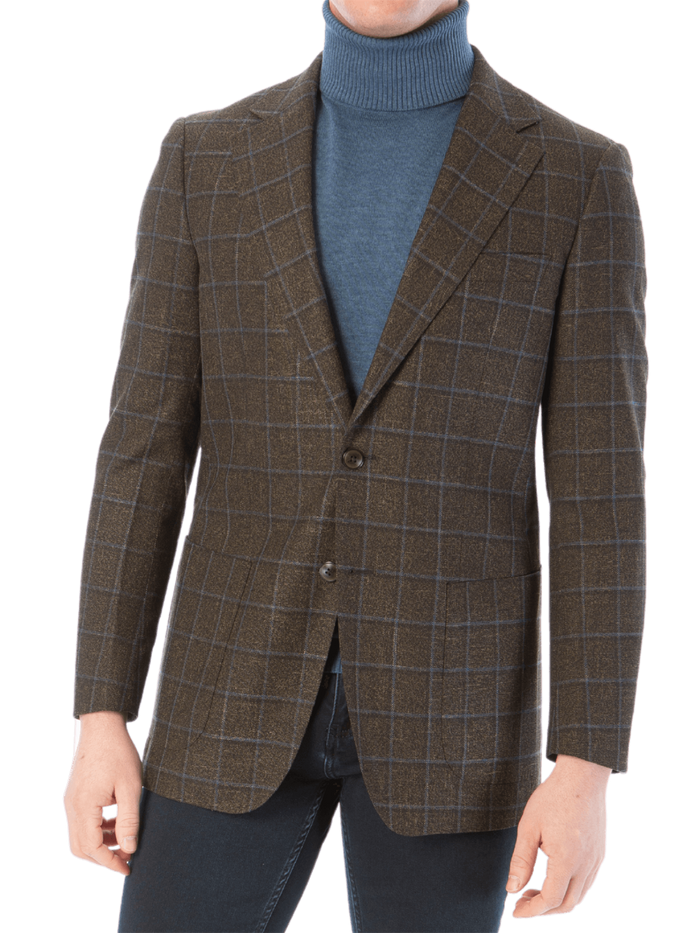 Sartoria Mazara Mens Slim Fit Brown With Blue Check Two Button Stretch Blazer Sportcoat