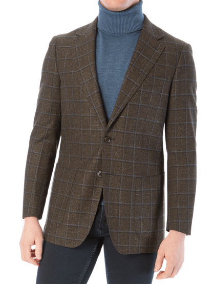 Sartoria Mazara Mens Slim Fit Brown With Blue Check Two Button Stretch Blazer Sportcoat