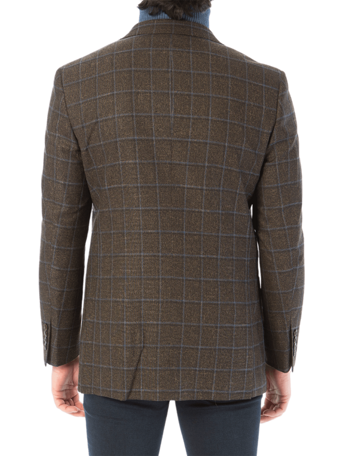 Sartoria Mazara Mens Slim Fit Brown With Blue Check Two Button Stretch Blazer Sportcoat