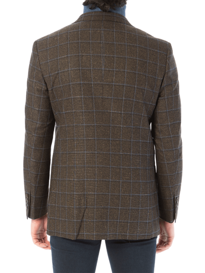Sartoria Mazara Mens Slim Fit Brown With Blue Check Two Button Stretch Blazer Sportcoat