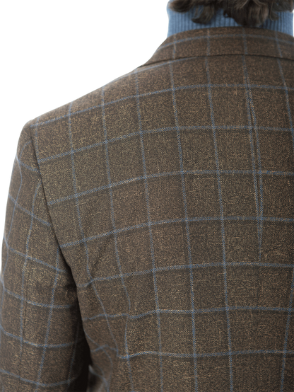Sartoria Mazara Mens Slim Fit Brown With Blue Check Two Button Stretch Blazer Sportcoat