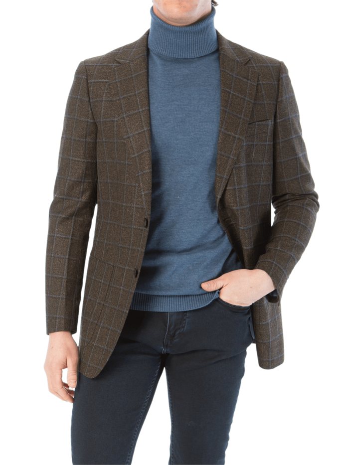 Sartoria Mazara Mens Slim Fit Brown With Blue Check Two Button Stretch Blazer Sportcoat