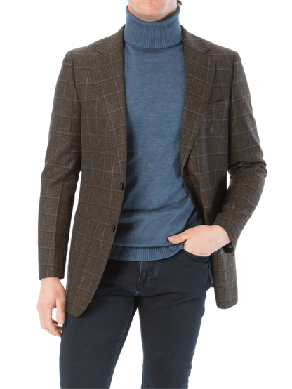 Sartoria Mazara Mens Slim Fit Brown With Blue Check Two Button Stretch Blazer Sportcoat