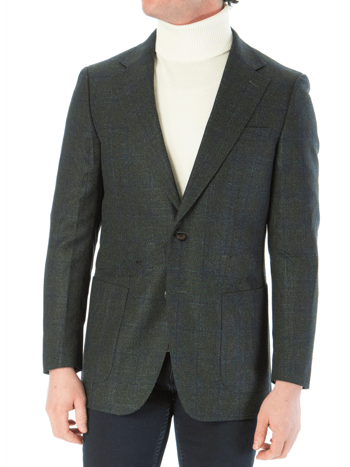Sartoria Mazara Mens Slim Fit Green With Blue Check Two Button Stretch Blazer Sportcoat