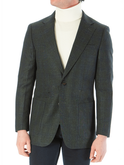 Sartoria Mazara Mens Slim Fit Green With Blue Check Two Button Stretch Blazer Sportcoat