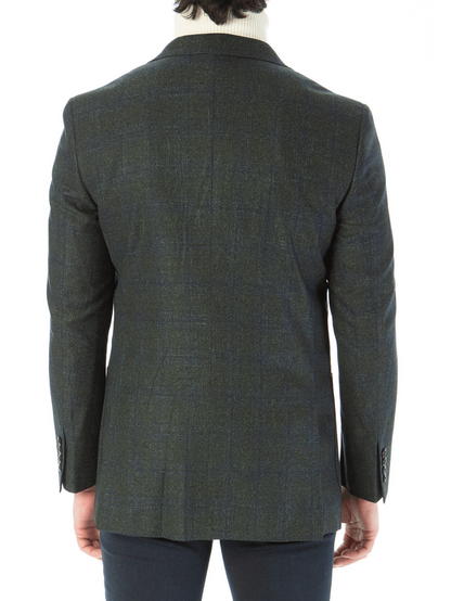 Sartoria Mazara Mens Slim Fit Green With Blue Check Two Button Stretch Blazer Sportcoat