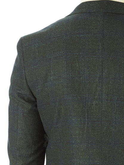 Sartoria Mazara Mens Slim Fit Green With Blue Check Two Button Stretch Blazer Sportcoat