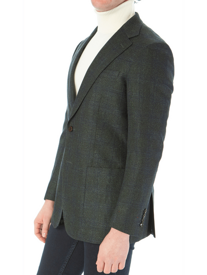 Sartoria Mazara Mens Slim Fit Green With Blue Check Two Button Stretch Blazer Sportcoat