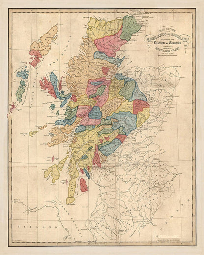 Scotland Clan Map by WH Lizars, 1822: Rare Colour Map of the Highlands of Scotland