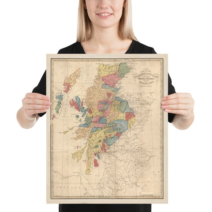 Scotland Clan Map by WH Lizars, 1822: Rare Colour Map of the Highlands of Scotland