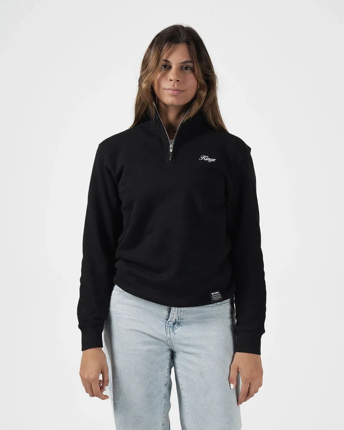 Kingz Script Quarter Zip Sweater Black - Front View Female Model Black Sweater White Script Logo Left Chest Quarter Zip Collar Casual Fit BJJ Training Hoodie [color:Black]