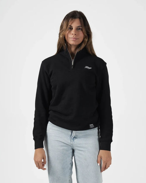 Kingz Script Quarter Zip Sweater Black - Front View Female Model Black Sweater White Script Logo Left Chest Quarter Zip Collar Casual Fit BJJ Training Hoodie [color:Black]