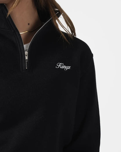 Kingz Script Quarter Zip Sweater Black - Close-Up Detail View Embroidered Kingz Logo Left Chest Silver Zipper High Collar Soft Fabric Hoodie BJJ Training Apparel [color:Black]