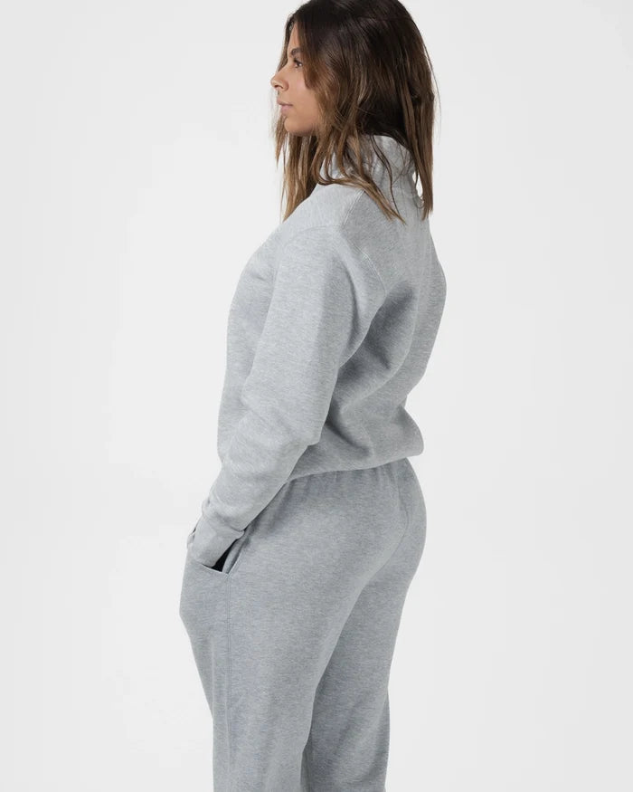Kingz Script Quarter Zip Sweater Light Gray - Side View Female Model Relaxed Fit High Collar Ribbed Cuffs Soft Texture Minimalist Design Casual Wear Hoodies [color:Light Gray]