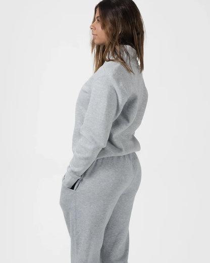 Kingz Script Quarter Zip Sweater Light Gray - Side View Female Model Relaxed Fit High Collar Ribbed Cuffs Soft Texture Minimalist Design Casual Wear Hoodies [color:Light Gray]