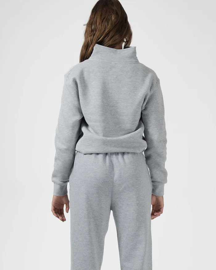 Kingz Script Quarter Zip Sweater Light Gray - Back View Female Athlete High Collar Ribbed Cuffs Elastic Waistband Soft Knit Fabric Modern Fit Hoodies Training Casual Wear [color:Light Gray]