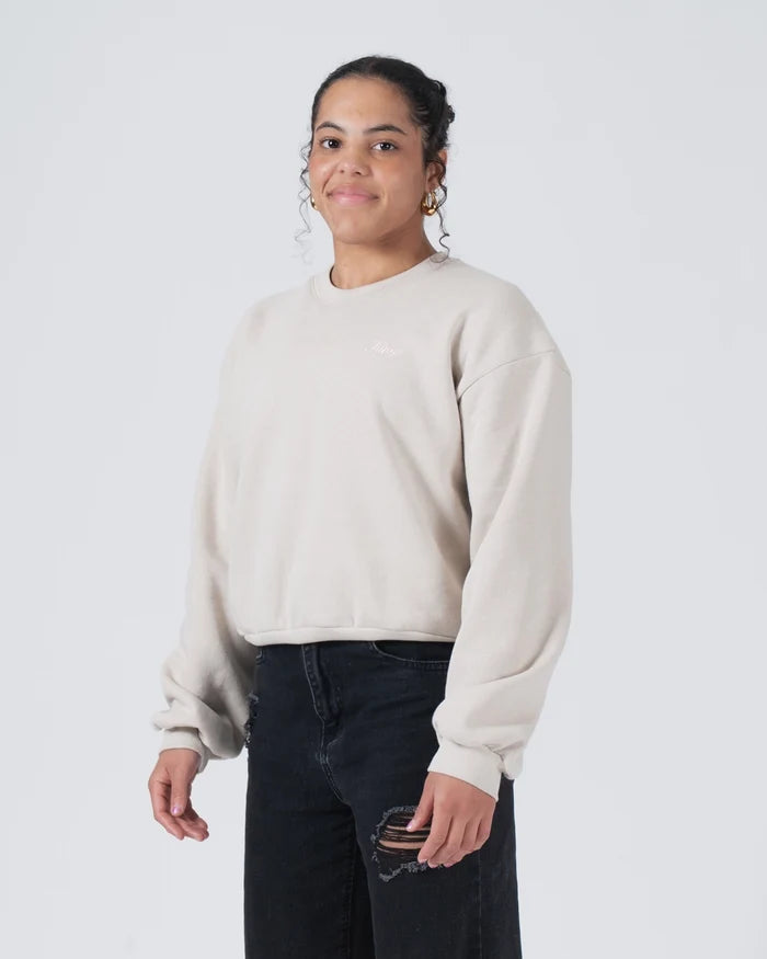 Kingz Script Women's Crewneck - Side Worn View - Draped Balloon Sleeve Silhouette - French Oak - Women's BJJ Crewneck [color:French Oak]