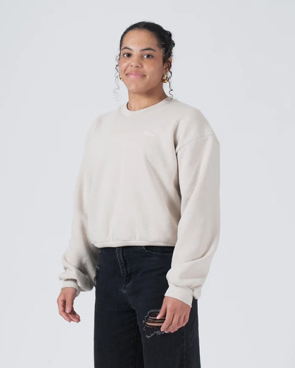 Kingz Script Women's Crewneck - Side Worn View - Draped Balloon Sleeve Silhouette - French Oak - Women's BJJ Crewneck [color:French Oak]