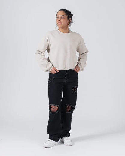 Kingz Script Women's Crewneck - Full Body Lifestyle Shot - Cropped Fit with Denim - French Oak - Women's BJJ Crewneck [color:French Oak]