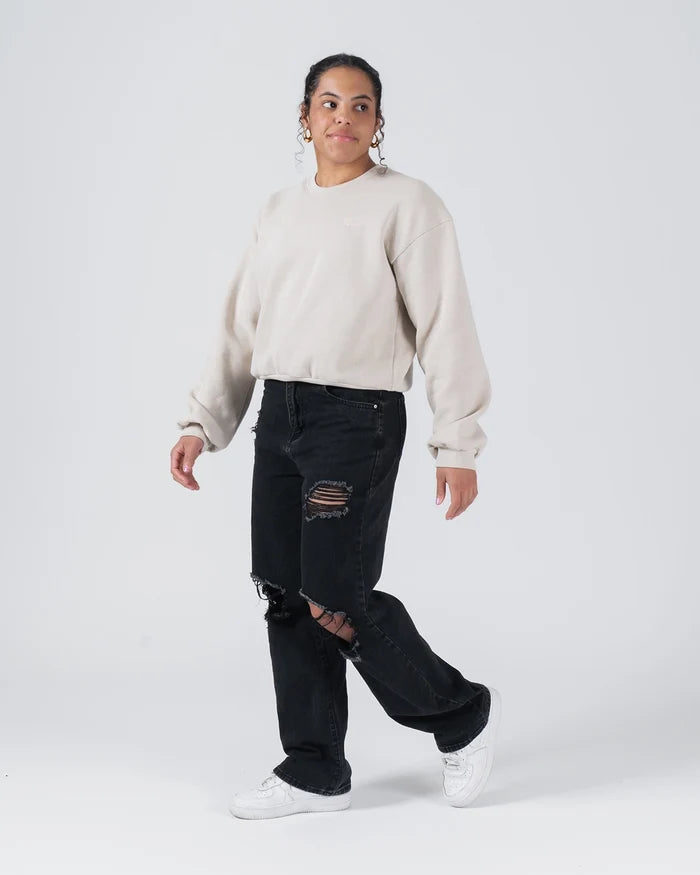 Kingz Script Women's Crewneck - Walking Lifestyle Pose - Casual Cropped Streetwear Look - French Oak - Women's BJJ Crewneck [color:French Oak]