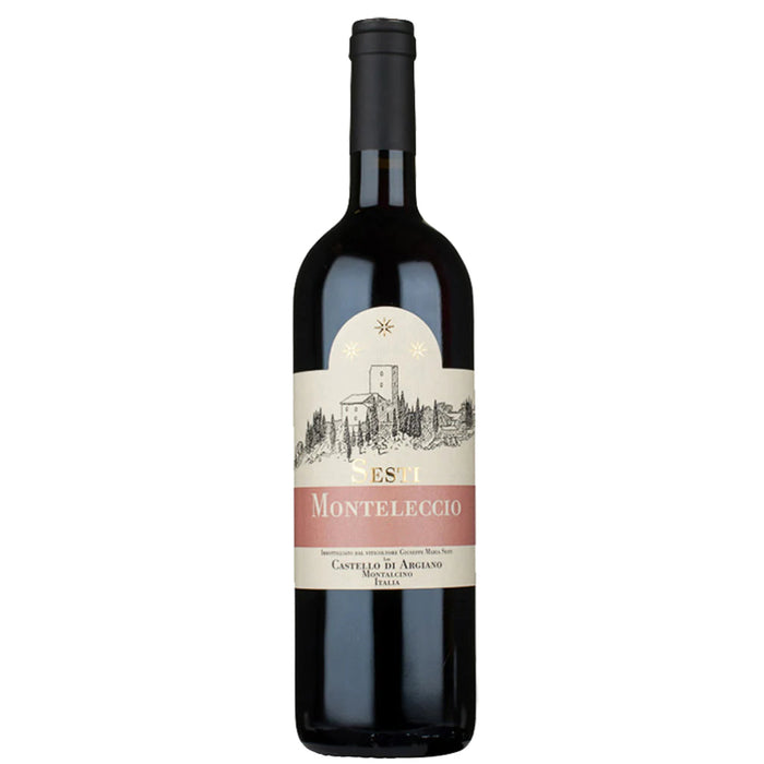Sesti Rosso wine bottle, dark red liquid and Monteleccio label