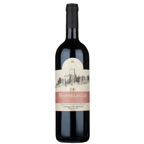 Sesti Rosso wine bottle, dark red liquid and Monteleccio label