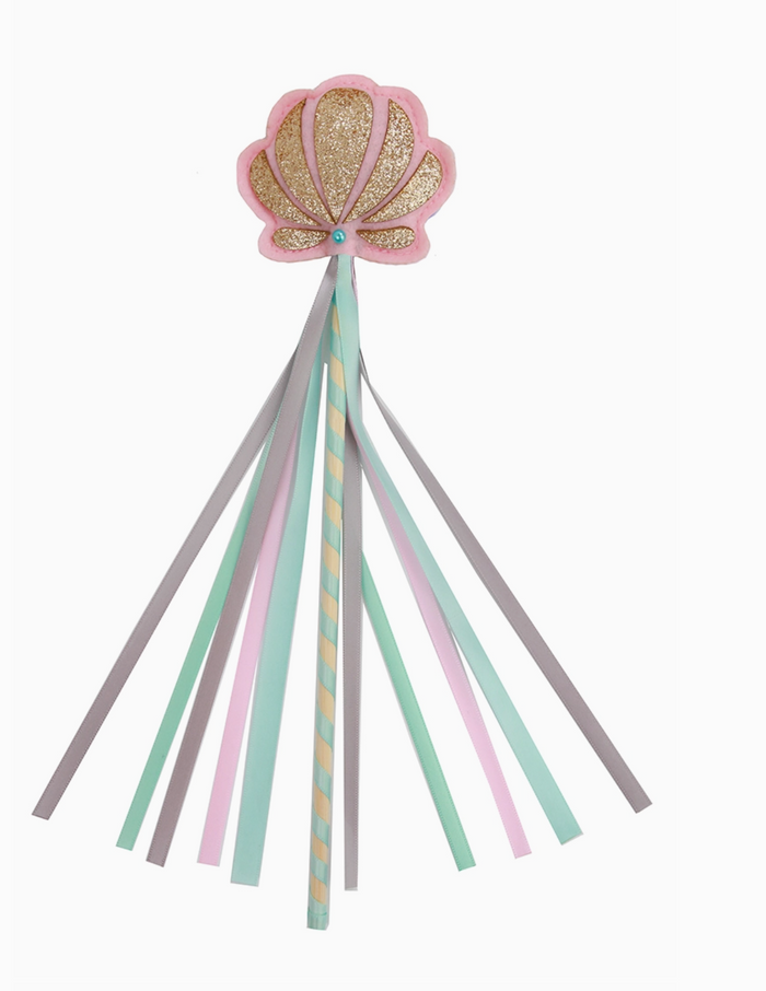 Decorative wand with a shell top and colorful ribbons on a white background