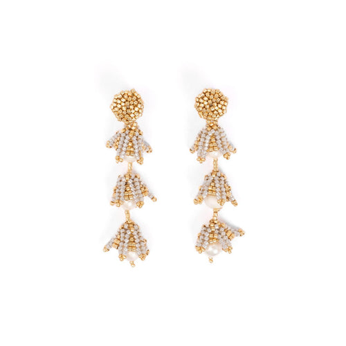 Silver Beaded Handwoven Bell Drop and Pearl Earrings