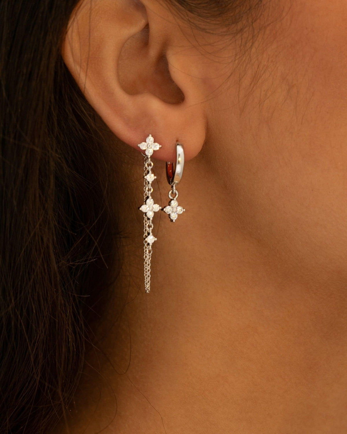Silver Clover Drop Earrings