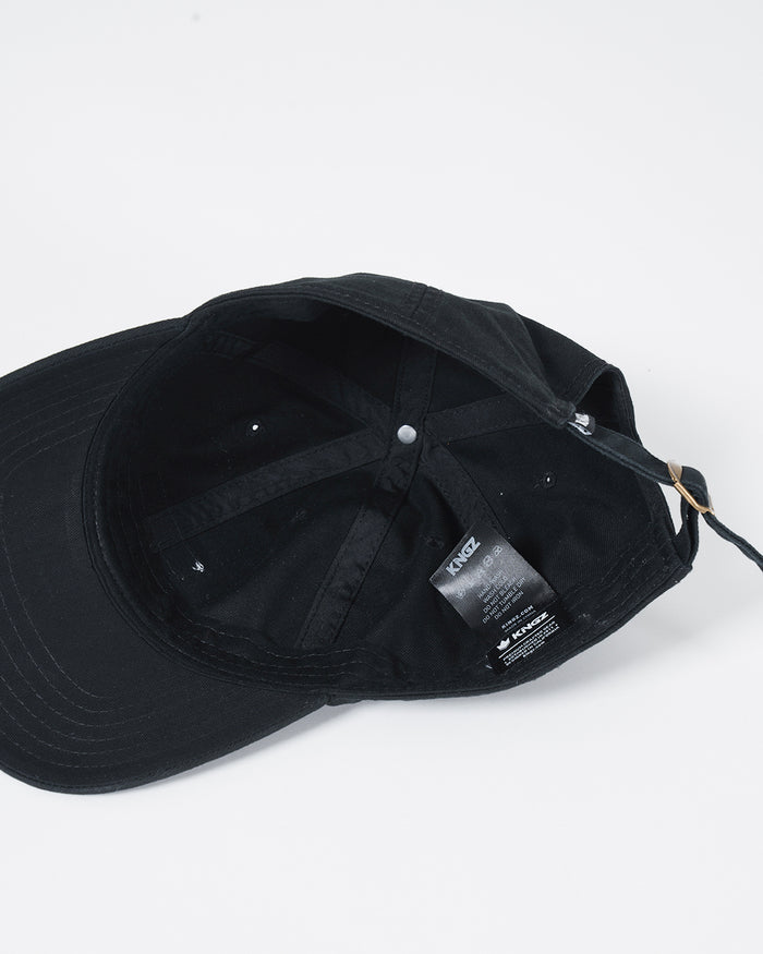 Kingz Slant Dad Hat Black - Flat Lay Product Only Inside View Black Hat Kingz Inner Label Adjustable Strap Casual Fit BJJ Training Apparel [color:Black]