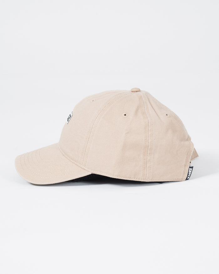 Kingz Slant Dad Hat - Beige - Side View Khaki Cotton Curved Brim Embroidered KINGZ Logo Tag Back Adjustable Strap Casual Fit BJJ Training Hat [color:Beige]