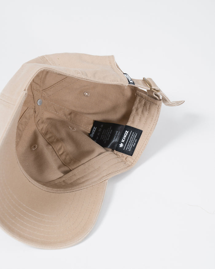 Kingz Slant Dad Hat - Khaki - Inside View Beige Cotton Adjustable Strap Metal Buckle Kingz Woven Label Interior Stitching Casual Wear Hat [color:Beige]