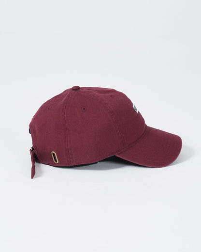 Kingz Slant Dad Hat Maroon - Side View Maroon Hat Brass Eyelet Adjustable Strap Subtle KINGZ Logo Front Panel Casual Fit BJJ Training Apparel [color:Maroon]