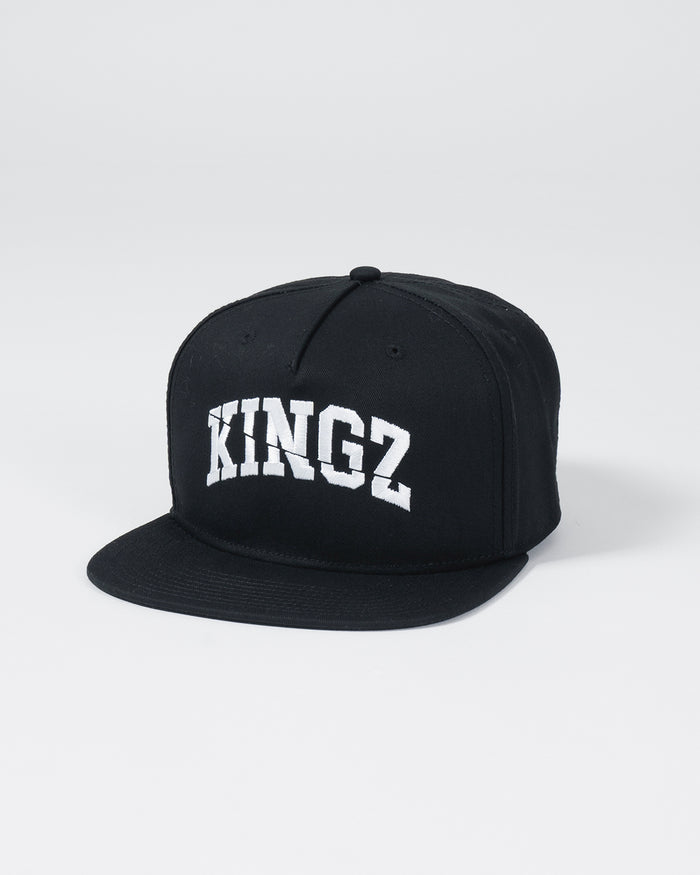 Kingz Slice Snapback - Black - Angled Front View Black Hat Bold White KINGZ Text Flat Brim Structured Crown Embroidered Logo Casual Streetwear BJJ Training Apparel [color:Black]