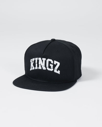 Kingz Slice Snapback - Black - Angled Front View Black Hat Bold White KINGZ Text Flat Brim Structured Crown Embroidered Logo Casual Streetwear BJJ Training Apparel [color:Black]