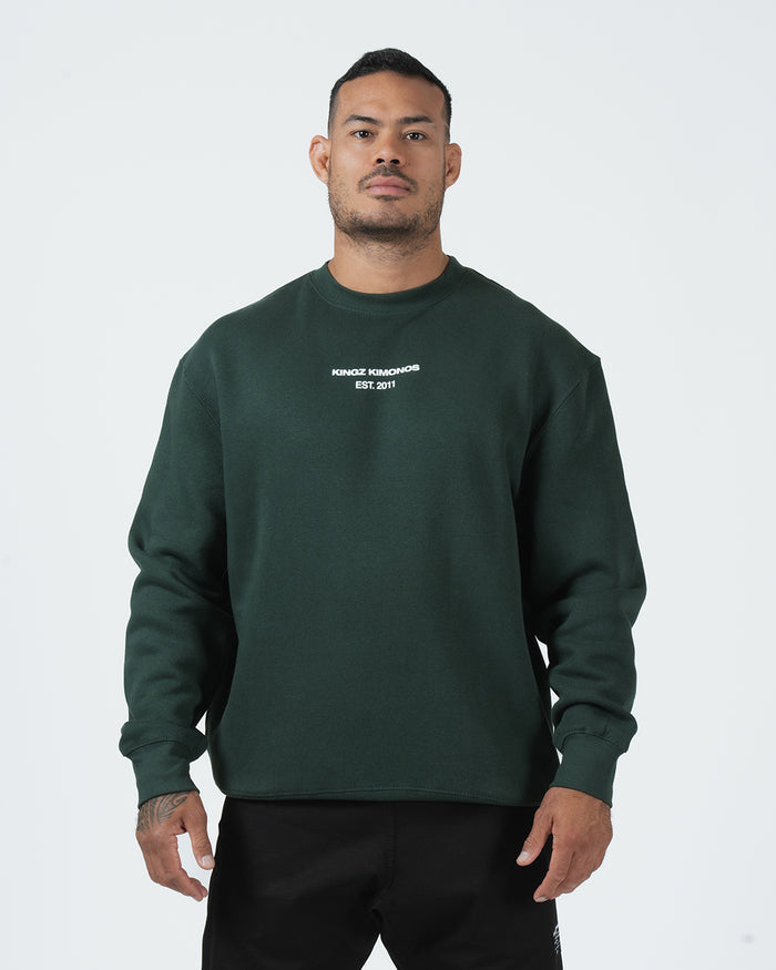 Kingz Solo Crewneck - Front View - Kingz Kimonos Est 2011 Chest Print - Dark Forest Green - BJJ Streetwear Crewneck
