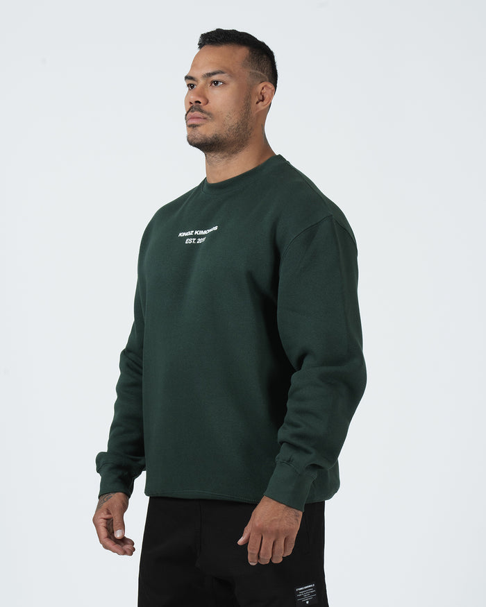 Kingz Solo Crewneck - Side Profile View - Relaxed Fit and Chest Print - Dark Forest Green - BJJ Streetwear Crewneck