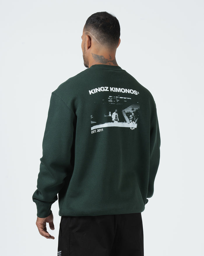 Kingz Solo Crewneck - Back View - Kingz Kimonos Graphic Back Print - Dark Forest Green - BJJ Streetwear Crewneck