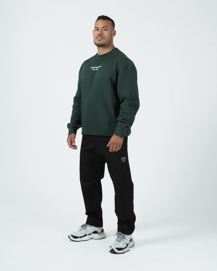 Kingz Solo Crewneck - Full Body Front View - Chest Print and Relaxed Fit - Dark Forest Green - BJJ Streetwear Crewneck