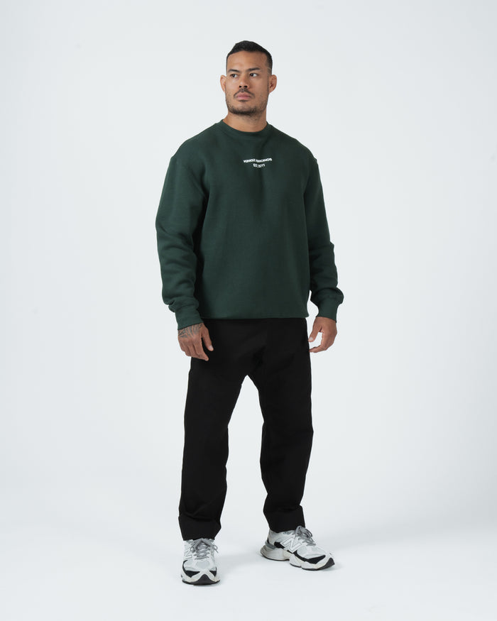 Kingz Solo Crewneck - Front Standing View - Boxy Fit and Chest Logo Print - Dark Forest Green - BJJ Streetwear Crewneck