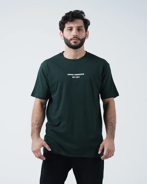 Kingz Solo Tee - Front View - Kingz Kimonos Est 2011 Minimal Chest Text - Dark Forest Green BJJ Tee [color:Dark Forest Green]