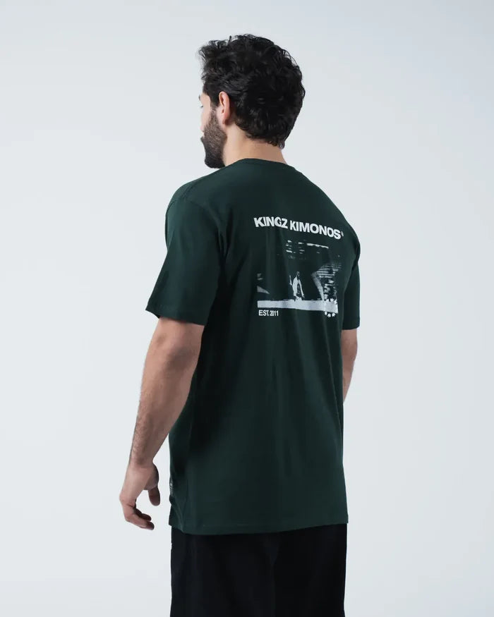 Kingz Solo Tee - Back View - Kingz Kimonos Photo Graphic Est 2011 Bold Back Print - Dark Forest Green BJJ Tee [color:Dark Forest Green]