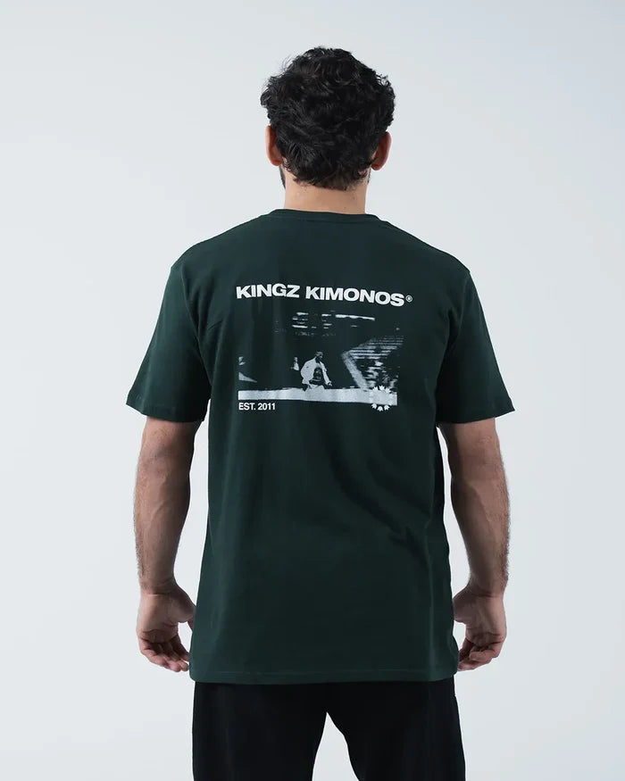 Kingz Solo Tee - Full Back View - Kingz Kimonos BJJ Dojo Photo Print Est 2011 Back Graphic - Dark Green BJJ