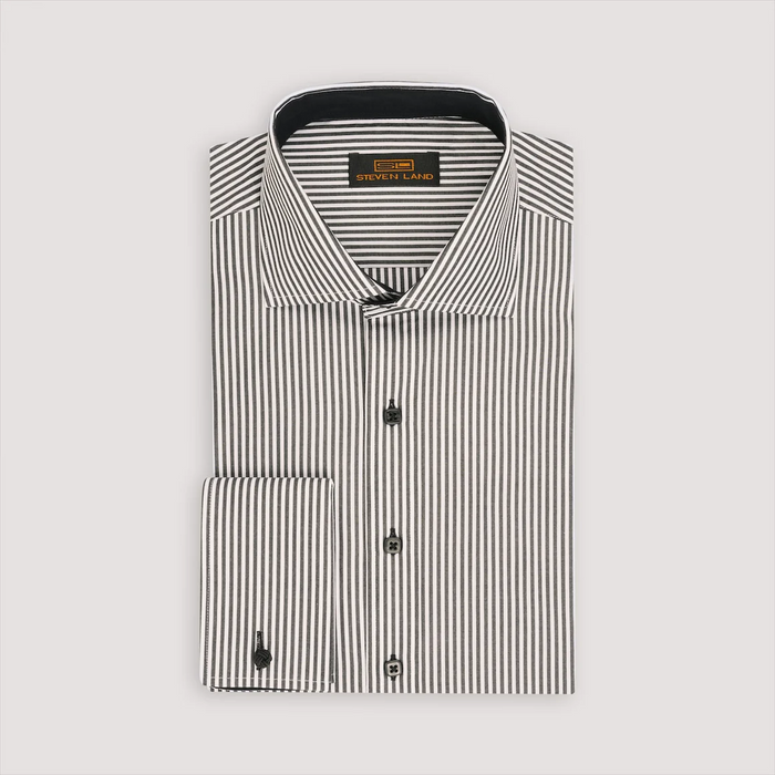Steven Land Mens Black Striped 100% Cotton French Cuff Cutaway Collar Dress Shirt